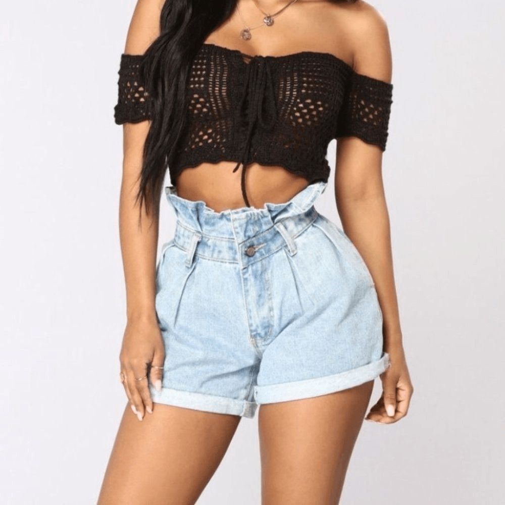 Fashion Nova Shorts WMNS 11 Blue High Rise Paper Bag Waist Light Wash